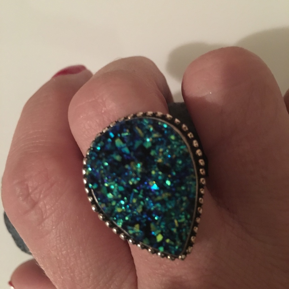 Peacock Sparkle Blue Druzy Quartz Sterling Ring